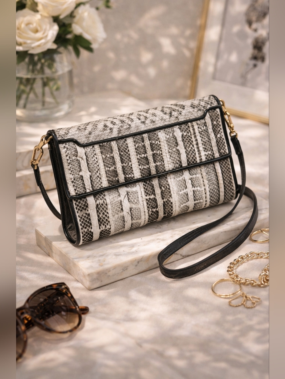 Vintage Snakeskin Shoulder Bag White Black Leather Clutch Y2K 90s